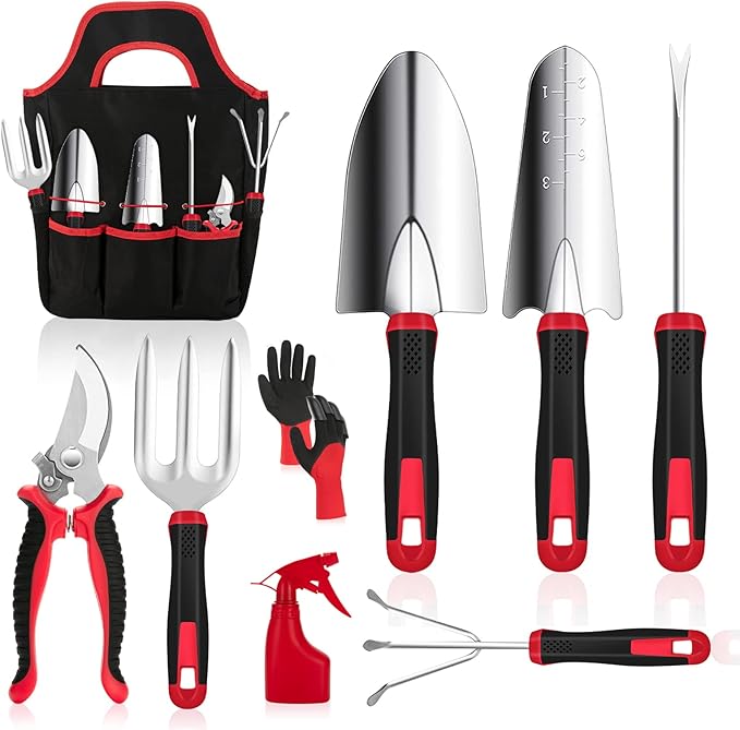 Gardening Tools, MOXILS 9 Pieces Stainless Steel Heavy Duty Tool Set with Non-Slip Rubber Grip, Storage Tote Bag, Outdoor Hand Tools, Ideal Garden Kit Gifts for Parents and Kids.