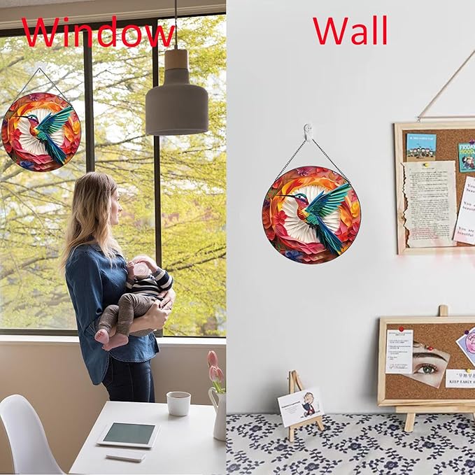 Colored Hummingbirds Pattern Suncatcher Stained Glass,Hanging Stained Glass for Windows,20cm/7.87inch Suncatcher Garden Hangings Painted Glass Panel Decor Halloween Christmas Themed Gift