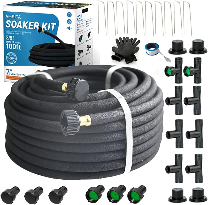 AMRITA Soaker Hose KIT,3/8inch 100ft Rubber Garden Hose 70% Water Saving,Black Heavy Duty Soaker Hose For Garden Lawn,Garden Raised Beds.(3/8-100FT) …