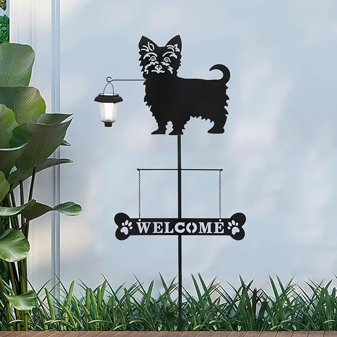 BAYN Solar Yorkie Silhouette Dog Breed Welcome Sign with a Lantern Outdoor Decorative Garden Stakes for Yard, Lawn, Patio, Pathway