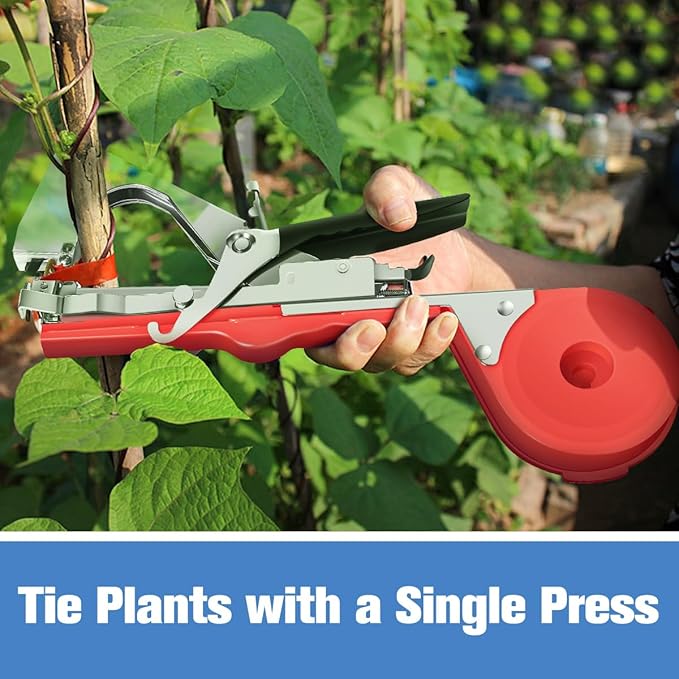 FUNTECK Plant Tying Machine to Tie Tomatoes Peppers and Cucumbers Quickly and Easily, Great for Gardeners Farmers, Including Spare Parts, Tapes and Staples, Red