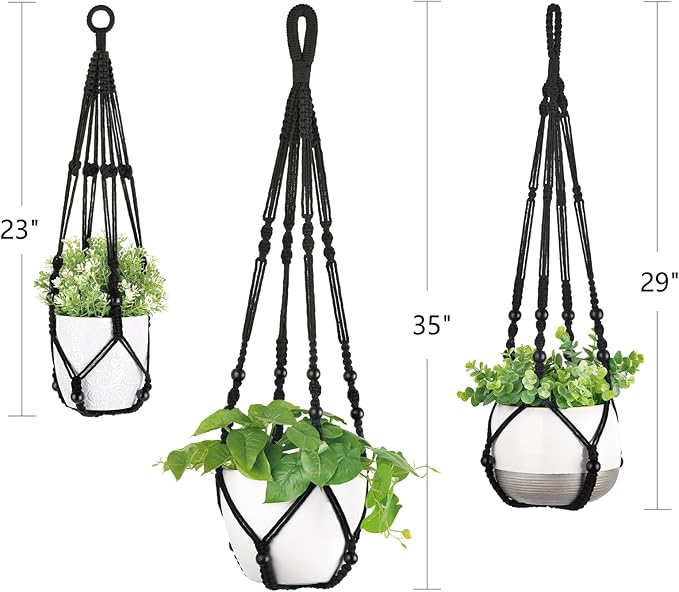 Mkono 3 Pack Macrame Plant Hangers Indoor Different Size Hanging Planter Basket Flower Pot Holder with Beads No Tassels 35"/29"/23", Medium, Black