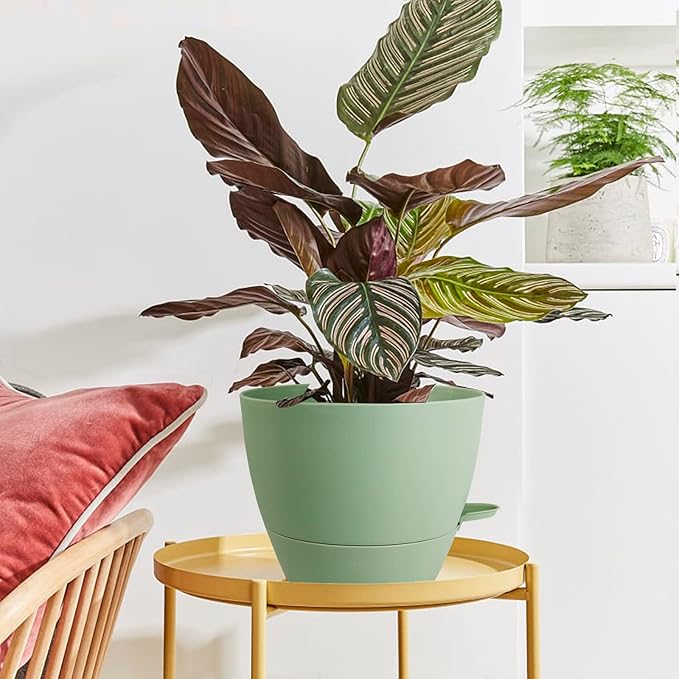 WOUSIWER 10 inch Self Watering Planters, 2 Pack Large Plastic Plant Pots with Deep Reservior and High Drainage Holes for Indoor Outdoor Plants and Flowers, Green