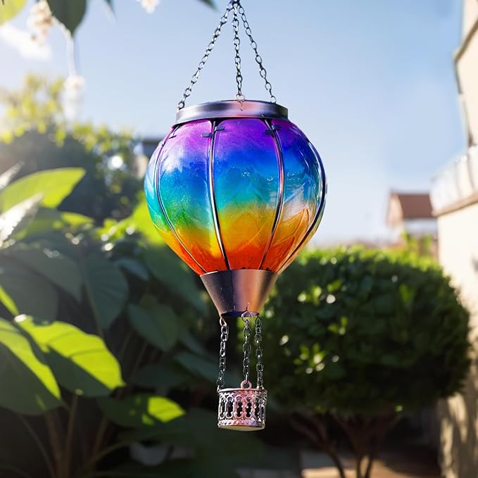 Solar Hot Air Balloon Lantern with Flame, Hanging Glass Hot Air Balloon Solar Lantern Waterproof, Decorative Outdoor Hot Air Balloon Solar Light for Outside Garden Patio (Purple Gradient)