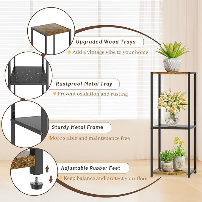 KMOTASUO 3 Tier Tall Plant Stands Indoor, 31 Inch Metal Wood Corner Plant Stand for Indoor Plants, Square Flower Pot Holder Shelf Display Rack for Balcony Garden Patio Living Room(Rustic Brown)
