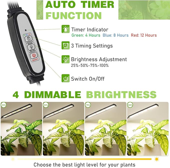 FOXGARDEN® Grow Lights for Indoor Plants Full Spectrum, Plant Lights for Indoor Growing with Timer 4/8/12 H, Five-Head 260 LED Clip Grow Lamp with Gooseneck, 4 Brightness Levels for Plant Growing