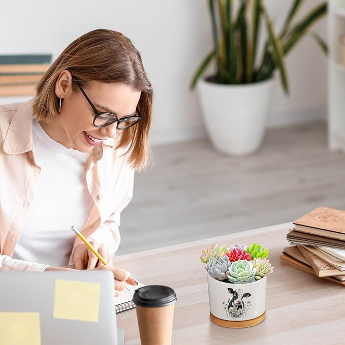 3 Pcs Cow Decor Gift for Christmas Women Planter Ceramic Gift Animal Plant Pot with Bamboo Tray for Office Home Farm House Bathroom Kitchen Decorations (No Plants Included)