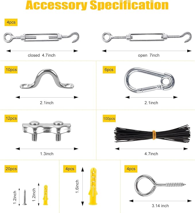 String Light Hanging Kit Outdoor Lighting Hanging Kit with 250 Ft Black Coated Wire Cable, Turnbuckle, Hooks and Enough Outdoor Accessories for Outside, Patio, Garden