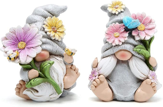 Hodao Set of 2 Spring Gnome Decorations Flower Gnomes Ornaments Decor Summer Gnomes Figurines Spring Gnomes for Outdoor Garden Decor Spring Birthday Gifts for Women, Mom, Grandma (Grey)