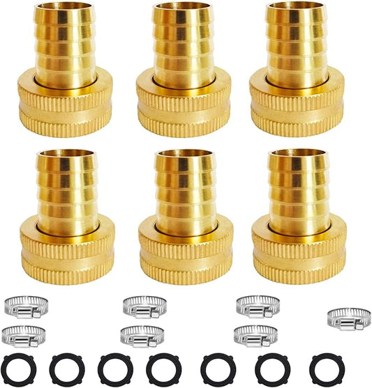 6Pcs 1/2" Barb x 3/4" Female GHT Thread Swivel Brass Garden Water Hose Pipe Connector Copper Fitting with Stainless Clamp House/Boat/Lawn/Power Wash/Irrigation