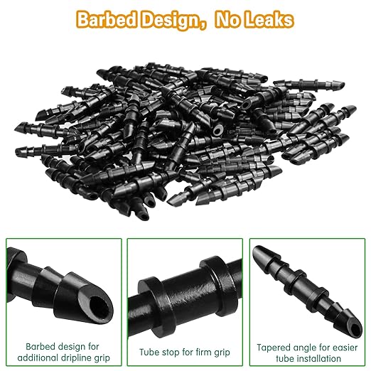 1/4 Inch Drip Irrigation Fittings Kit：200 Pieces Drip Irrigation Parts with Sharp End for 1/4" Drip Tubing Barbed Connectors for Home Garden 85 Couplings 60 Tees 20 Elbows 25 Plugs 10 Crosses