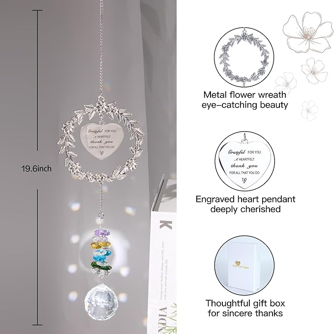 Thank You Sun Catcher Gifts with Engraved Message - Unique Appreciation Gift/Thank You Gift for Women, Friends, Coworkers, Teachers- Gratitude Gifts Hanging Crystal Suncatcher Ornament