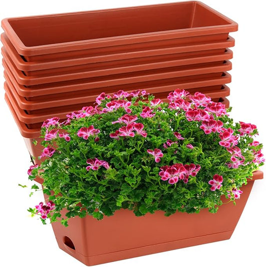 8pcs Window Box Planter,17 Inches Flower Window Boxes, Rectangle Planters Box with Drainage Holes and Trays, Plastic Vegetable Planters for Windowsill Patio Garden Home Decor Porch Yard (Red)
