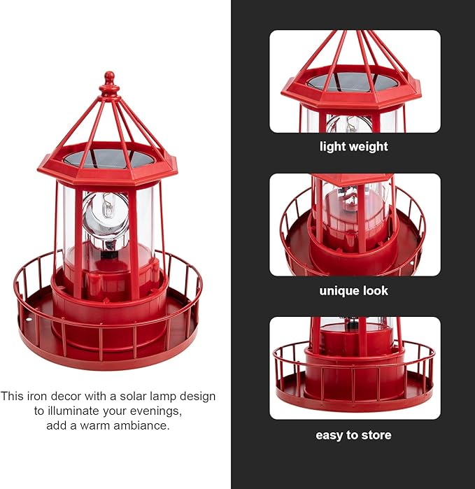 Operitacx Solar Powered Rotating Lighthouse Lamp - Waterproof Solar Lighthouse Outdoor Garden Decor, Led Yard Light for Patio, Lawn, and Pathway (Red)