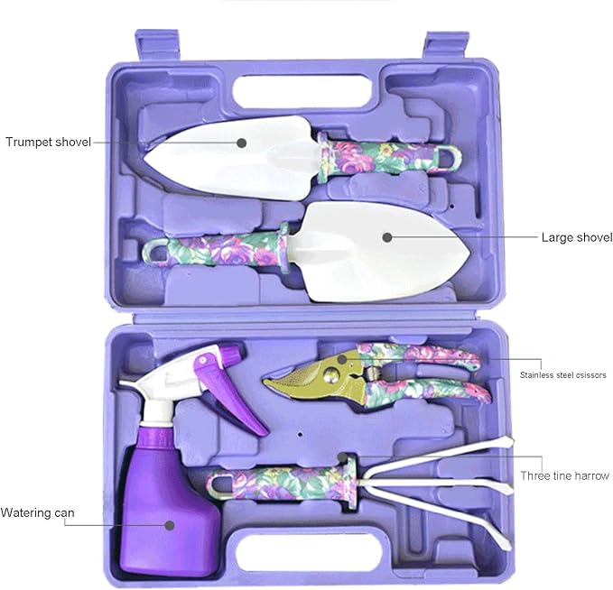Anti-Rust Garden Tool Set with Carrying Case, 5 Piece Stainless Steel Gardening Kit with Floral Pattern Grass Flower Branch Trimmer Garden Hand Tool Sprayer Farmer Box Gardening Tool for Adults Kids