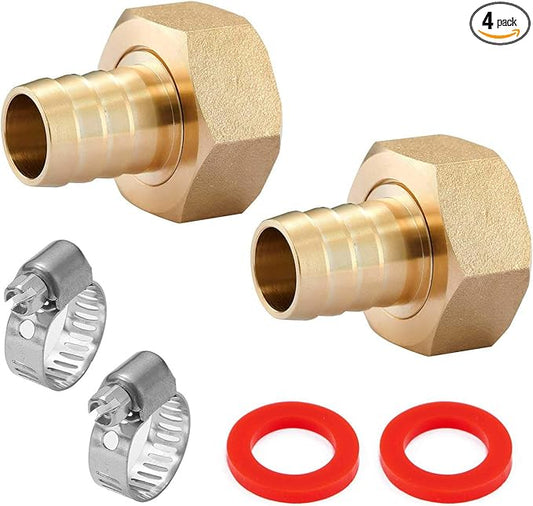 4PCS Premium Brass Water Hose Pipe Swivel Connector,5/8" Barb x 3/4 inch Female GHT Adapter,Copper Fitting with Stainless Clamp for House/Boat/Lawn/Power Wash/Irrigation