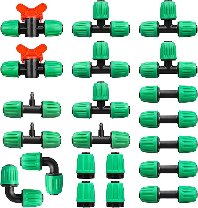 Drip Irrigation Fittings for 1/2 Inch Tubing(0.6-0.63" OD), 21 Pcs Set 1/2" Drip Line Parts Barbed Locked Nut Connectors - 5 Couplings, 5 Tees, 4 End Cap, 3 Reducing Tees, 2 Switch Valves, 2 Elbows