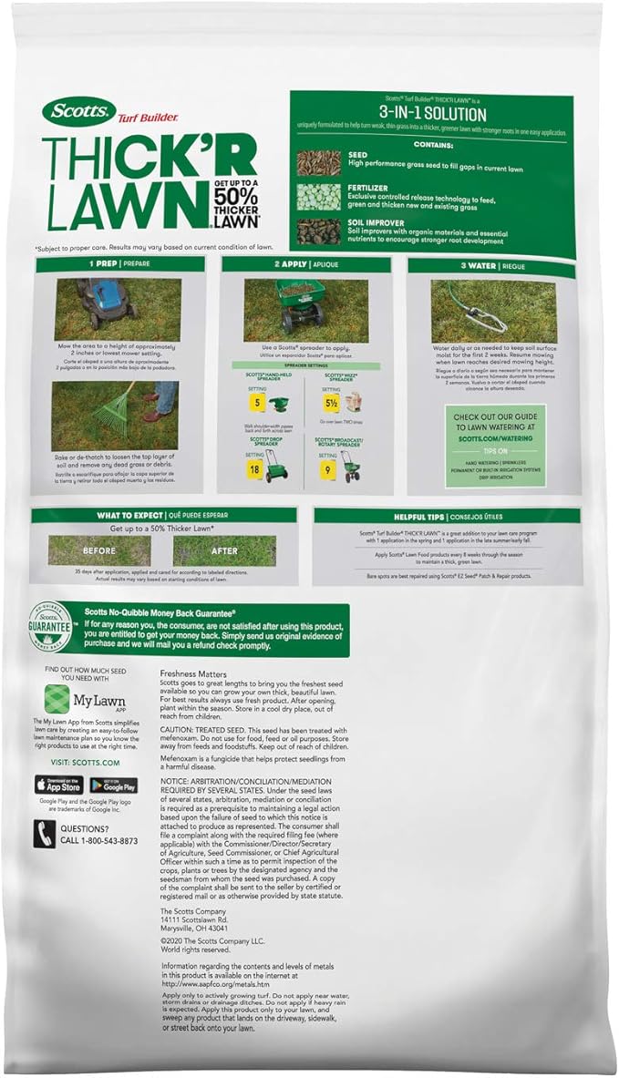 Scotts Turf Builder THICK'R LAWN Grass Seed, Fertilizer, and Soil Improver for Sun & Shade, 4,000 sq. ft., 40 lbs.