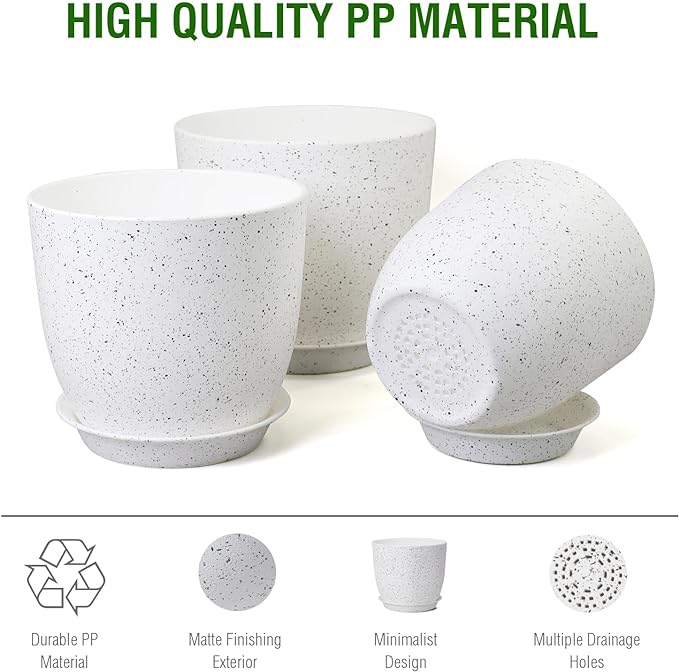 9/8/7.5 inch Flower Pots, Set of 3 Modern Decorative Plastic Planters with Drainage Holes and Saucers for Garden House Plants, Plant Pots for Indoor Outdoor Plants, Speckled White