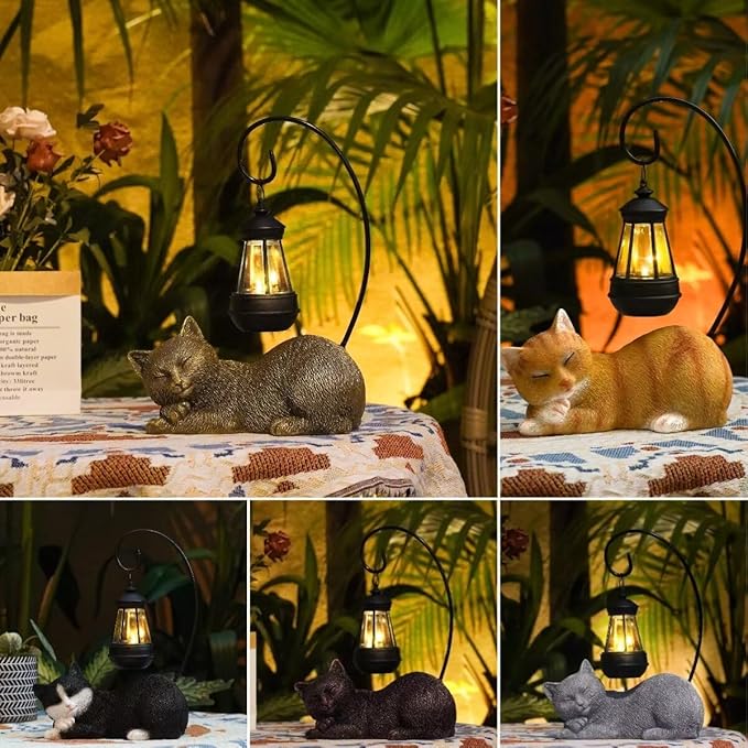 Solar Garden Statue Cat Figurine, 13 Inch Tall Garden Cat Statues Art with Solar Lantern, Loving Cat Statues for Patio, Balcony, Yard, Lawn and Porch, Unique Housewarming Gift for Garden Mom Grandma