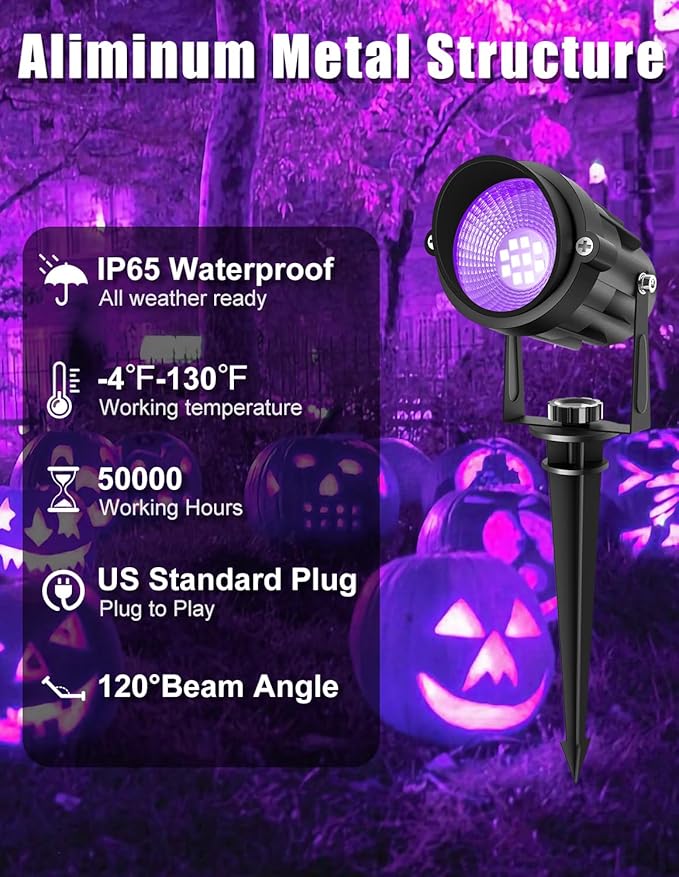 Outdoor Black Light Spotlight, LED Black Lights Waterproof Landscape Lighting with US Plug for Glow Party Body Paint Fluorescent Poster Stage Lighting Yard Garden Halloween Decoration(6 Pack)