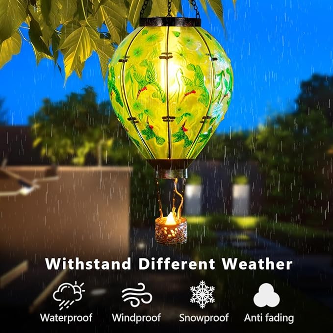 Starsoul Extra Large Solar Hot Air Balloon Lantern with Flame Hummingbird Glass Outdoor Hanging Hot Air Balloon Solar Light Waterproof Garden Patio Yard Party Decorations