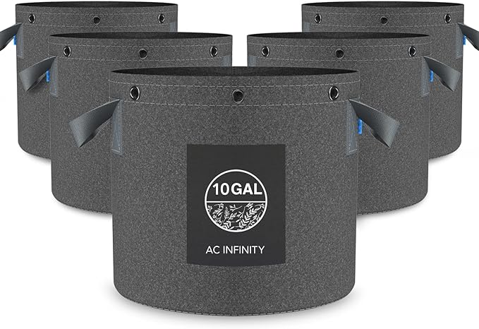 AC Infinity Heavy Duty Fabric Pots, 10 Gallon Aeration Reusable Grow Bags 5-Pack with 500G Thick Nonwoven Fabric and Multi-Purpose Rings, for Low Stress Plant Training Fruits, Vegetables, and Flowers