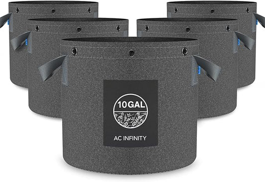 AC Infinity Heavy Duty Fabric Pots, 10 Gallon Aeration Reusable Grow Bags 5-Pack with 500G Thick Nonwoven Fabric and Multi-Purpose Rings, for Low Stress Plant Training Fruits, Vegetables, and Flowers