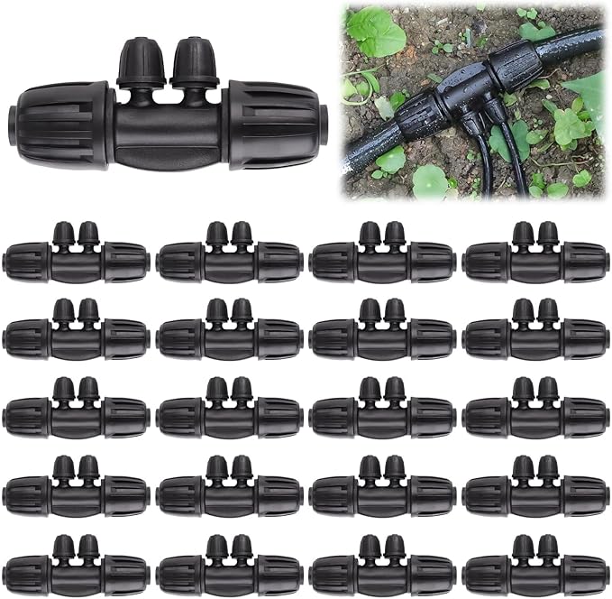 20PCS Locked Barbed Tee Connectors, Kalolary 1/2 Inch to 1/4 Inch Drip Irrigation Fittings Kit 12/16mm to 4/7mm Tube Lock Female Connector 4-Way Barbed Lock Irrigation Parts for Garden Watering System