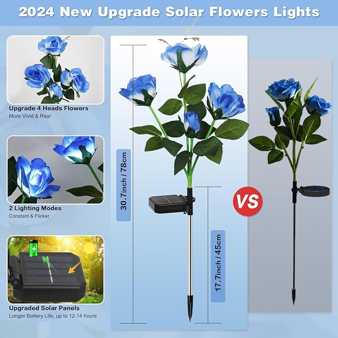 Solar Garden Lights Outdoor, 6 Pack Solar Flower Lights Outdoor Waterproof with 24 Rose, 2 Modes Realistic Rose Flower for Yard, Pathway, Garden Decor & Gardening Gift