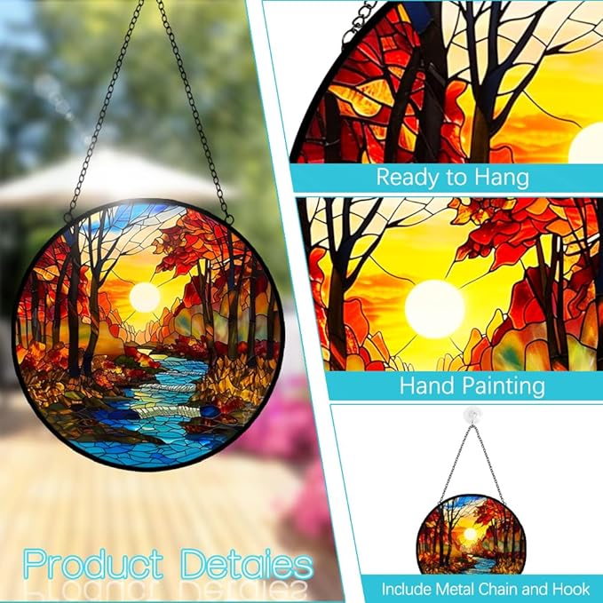 Sunrise Tree and River Landscape Stained Glass Suncatcher for Window Hanging - Sunrise Painting Sun Catcher Window Ornaments with Metal Chain and Hook - Decor Gift for Mom Wife Husband Nature Lovers