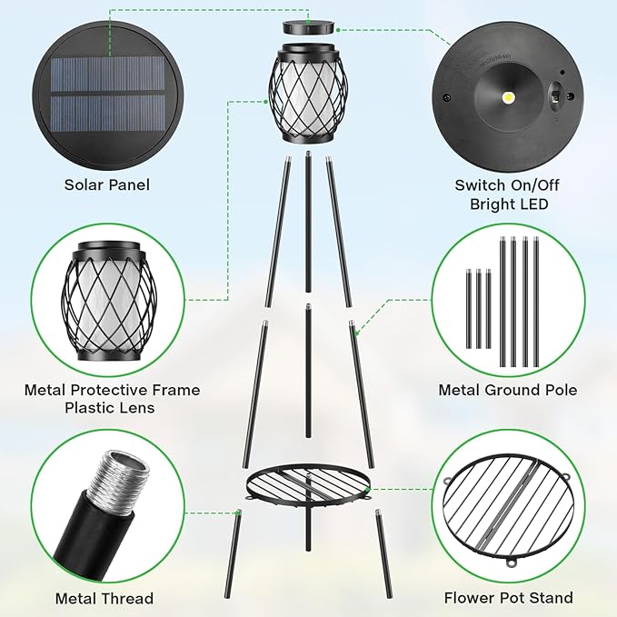 Solar Lights Outdoor with Plant Stands 2 Pack, Solar Floor Lamp Metal Tripod Patio Lights for Garden Yard Pathway Driveway Front/Back Porch Decoration