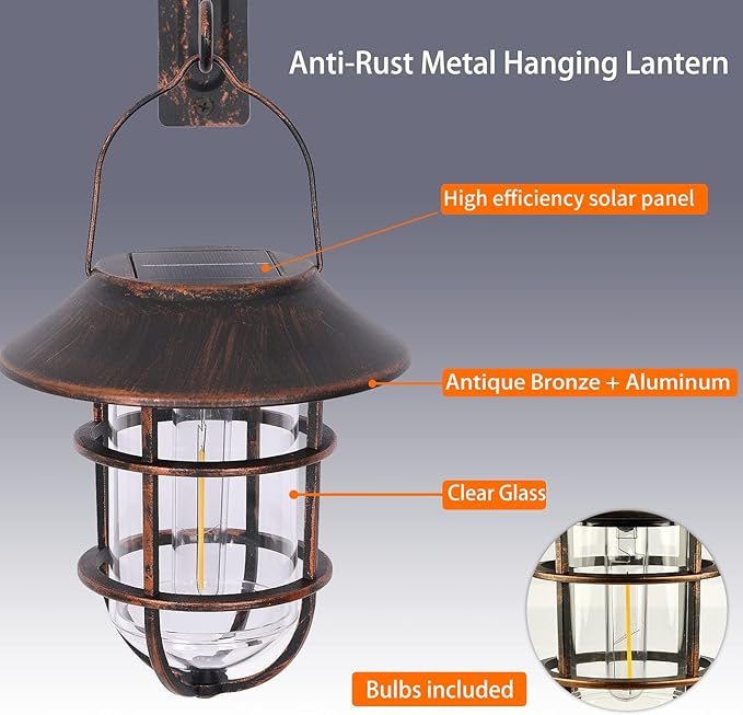 Solar Lantern Outdoor Hanging Solar Lights, Waterproof Metal Solar Outdoor Lights with Clear Glass, LED Edison Bulbs Cordless Decorative Aluminum Wall Lantern with Hooks, Bronze