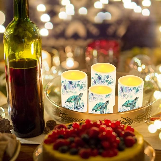 Flameless LED Candles Electric Candle Set with Remote Timer Color Changing Control Long Lasting for Table Centerpiece Home Indoor Decoration Pack of 4, Blue Sea Turtle