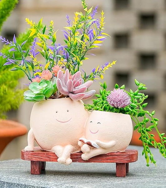 Cute Head Planter with Smiley Face, Double Pots in One, Novelty Plant Face Pot, for Indoor Outdoor Plants,Christmas, (Khaki)