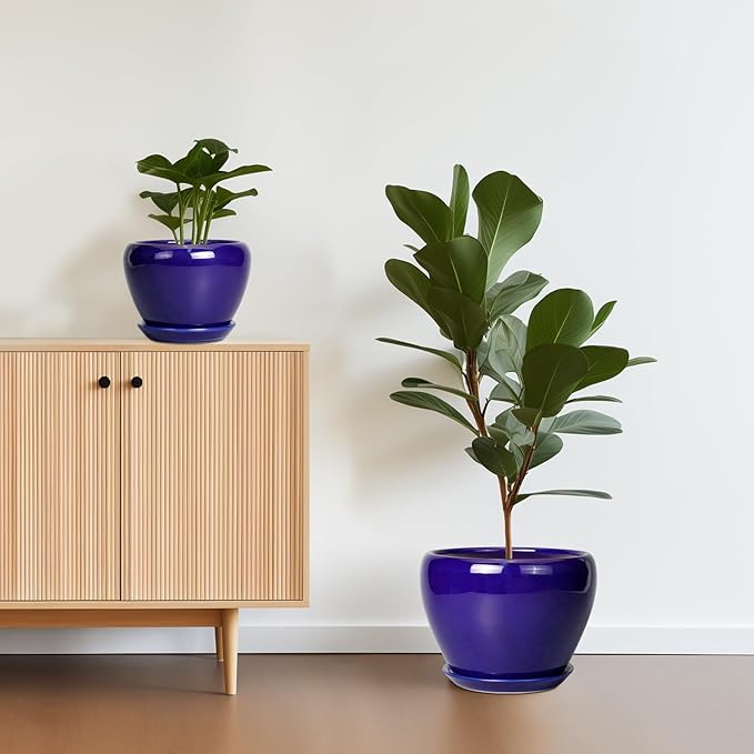 Flower Pots for Indoor Plants- Ceramic Pots for Plants 10 Inch 8 Inch 6 Inch Plant Pots with Drainage Holes and Saucers Decorative Large Planters for Outdoor Plants Set of 3 Blue