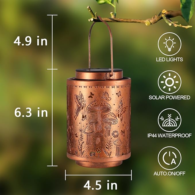 2 Pack Solar Lanterns Outdoor Waterproof Butterfly Garden Decor Gifts for Women Mon Grandma Metal Hanging Solar Lights Decoration for Outside LED Lanterns for Yard Patio Lawn(Mushroom)