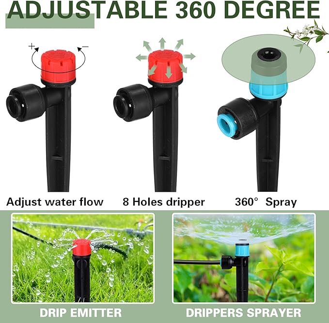 100 Pcs Drip Irrigation Emitters for 1/4" Tubing 50 Micro Irrigation Emitters Sprayer 50 Adjustable 360 Degree Water Flow Drippers for Garden Irrigation System(Red, Blue, Fast Connect)