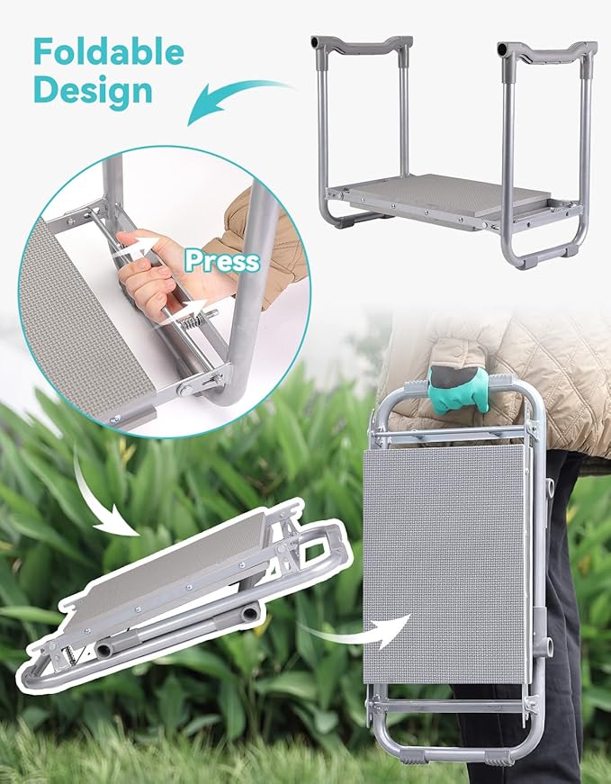 Garden Kneeler and Seat, Foldable Garden Stool 10.2" Width, Heavy Duty Knee Seat for Gardening with 2 Tool Pouches & Gloves, Gardening Accessories for Women, Grandparents, Seniors (Black)