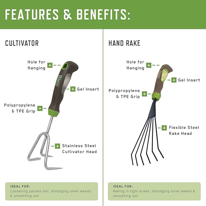 AMES 24451009 6-pc. Ergo Gel Grip Garden Tool Set with Hand Trowel, Weeder, Rake, Transplanter, Scoop & Cultivator