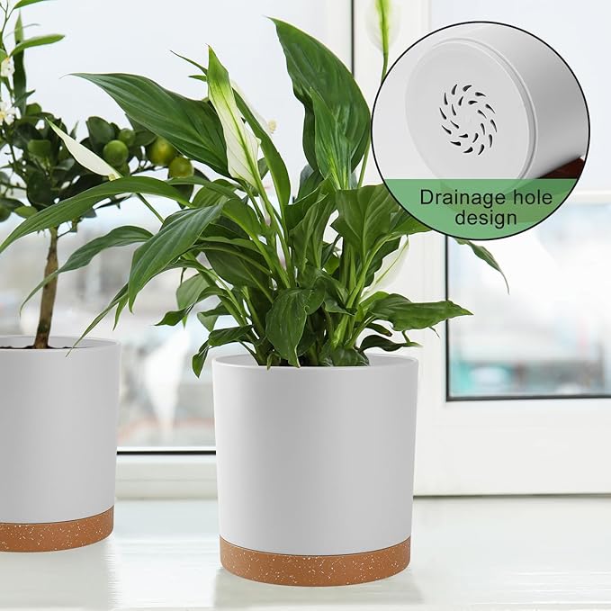 Plant Pots – 7/6.5/6/5/4 Inch Plastic Planters with Drainage Holes and Saucers, Flower Pots for Indoor and Outdoor Plants (White)