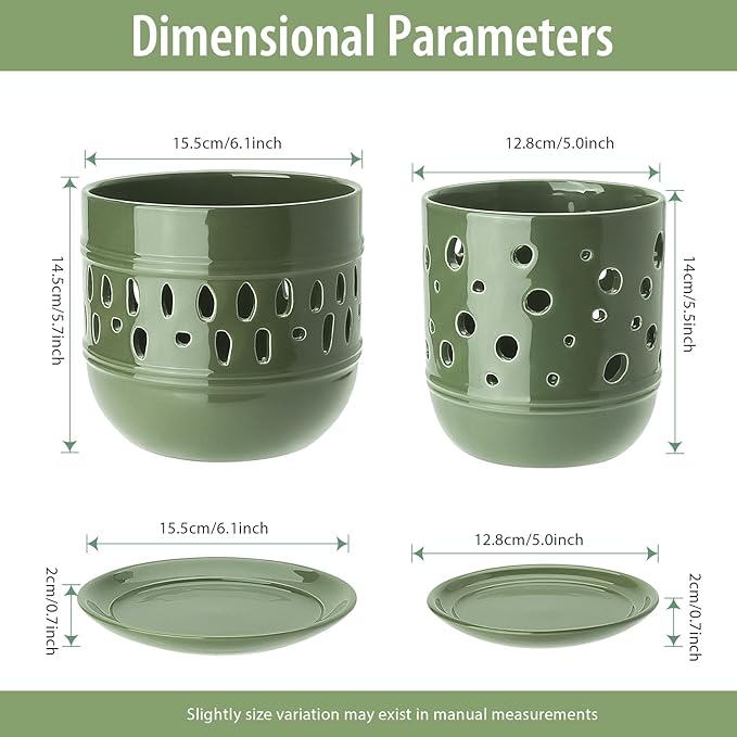 Orchid Pots with Holes, 5+6 Inch Ceramic Orchid Pot, Enhance Good Ventilation and Drainage,Flower Pots for Indoor/Outdoor Plants 2 Pack - Forest Green