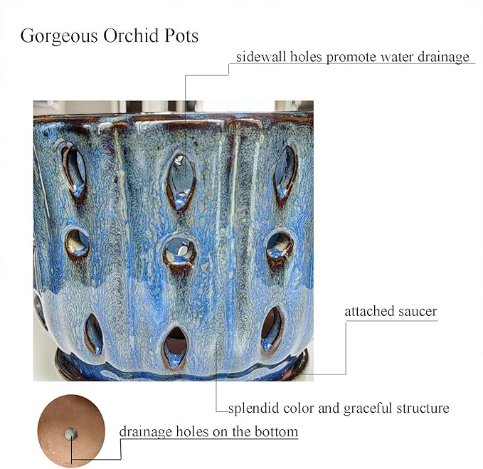 6 inch Round Ceramic Orchid Pot with Holes Orchid Planter (Dark Blue)