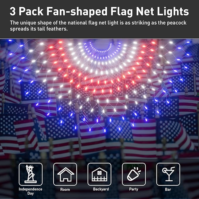 Leisure World LED American Flag Banner, 3 Pack 150 LED Half Fan Lights, 4 x 2 ft, 8 Modes Patriotic Outdoor Net for 4th of July, Christmas