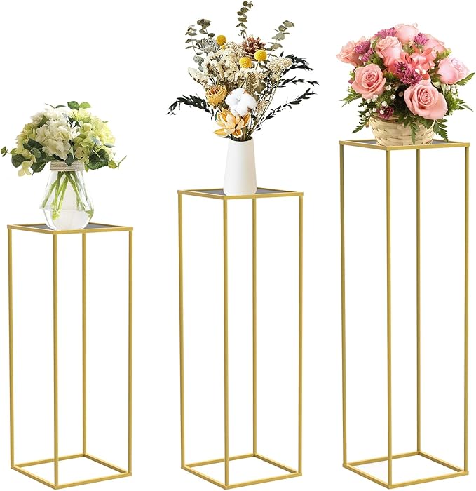 chamvis Gold Metal Plant Stand, 3 Pcs Tall Cylinder Pedestal Stands for Parties and Weddings, Gold Square Cylinder Tables for Living Room and Patio Decor
