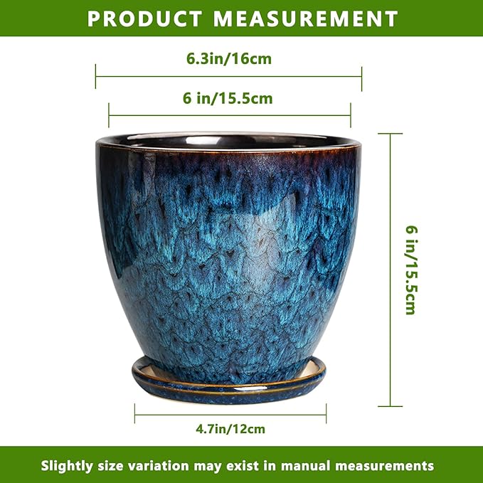 Ceramic Plant Pot, 6 Inch Ceramic Planter Pot with Drainage Hole and Saucer, Succulent Round Flower Pot for Indoor Plants Outdoor, Blue