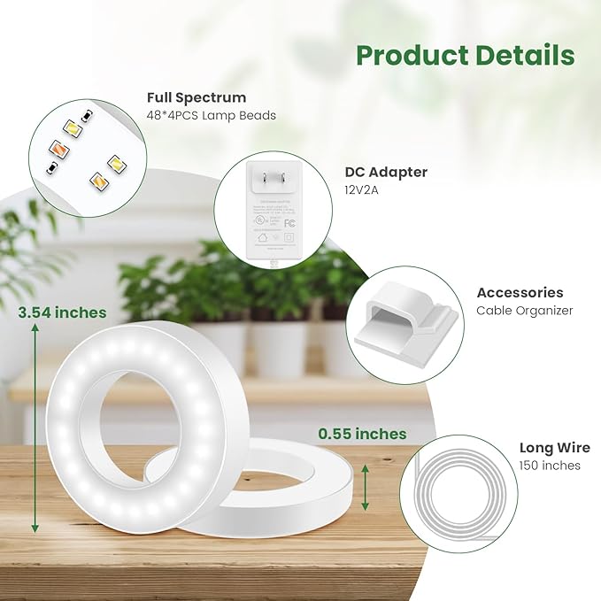 Ceiling Grow Lights for Indoor Plants, 192 LEDs Full Spectrum Plant Lights for Indoor Growing with 6/12/16H Timer, Cable Clips for Tidy Setup, 3.54" Grow Lamp for Small Plants (4-Head)