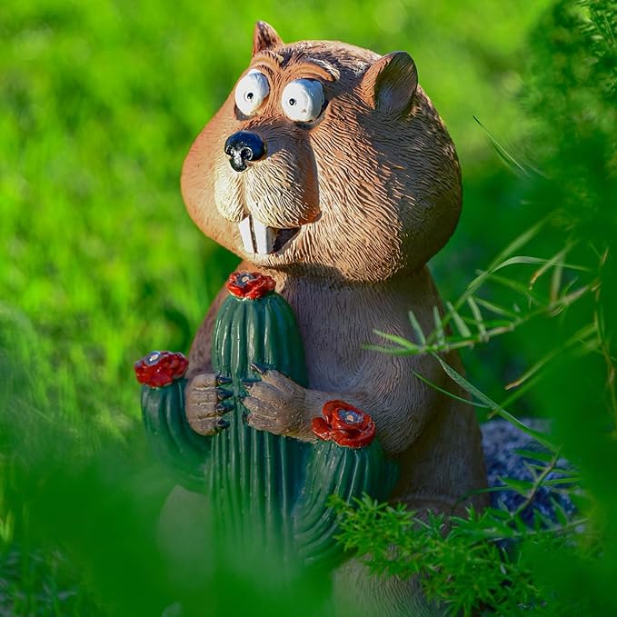 Solar Groundhog Garden Statue with LED Lights - Resin Cactus Planter Ornament for Outdoor Decor, Lawn, Patio, Yard, and Balcony, Unique Garden Gift for Women, Mom, and Grandma