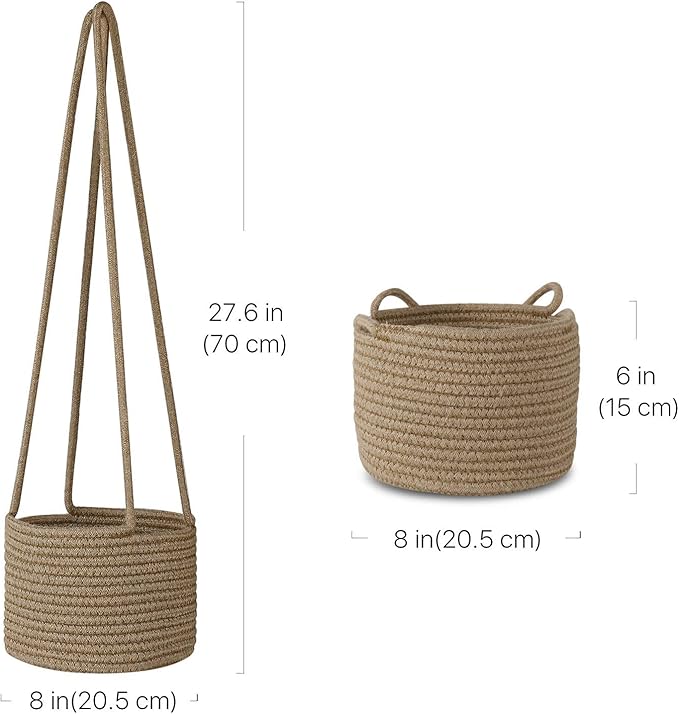 Flexzion Hanging Plant Basket (2 Pack) Cotton Rope Basket Indoor Planter Hanger (up to 7 Inch Flower Pot) Macrame Woven Organizer Bin Home Decor Storage Organizer 20" Hanging Rope, Brown