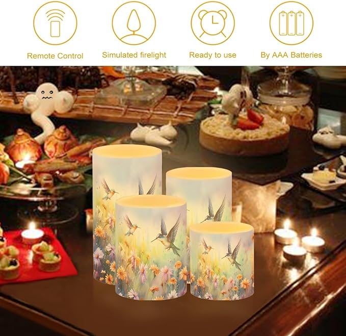 Flameless Candles Battery Powered LED Candles with Remote Timer Color Changing Control Long Lasting for Indoor Outdoor Home Decoration Set of 4, Hummingbird Daisy Purple